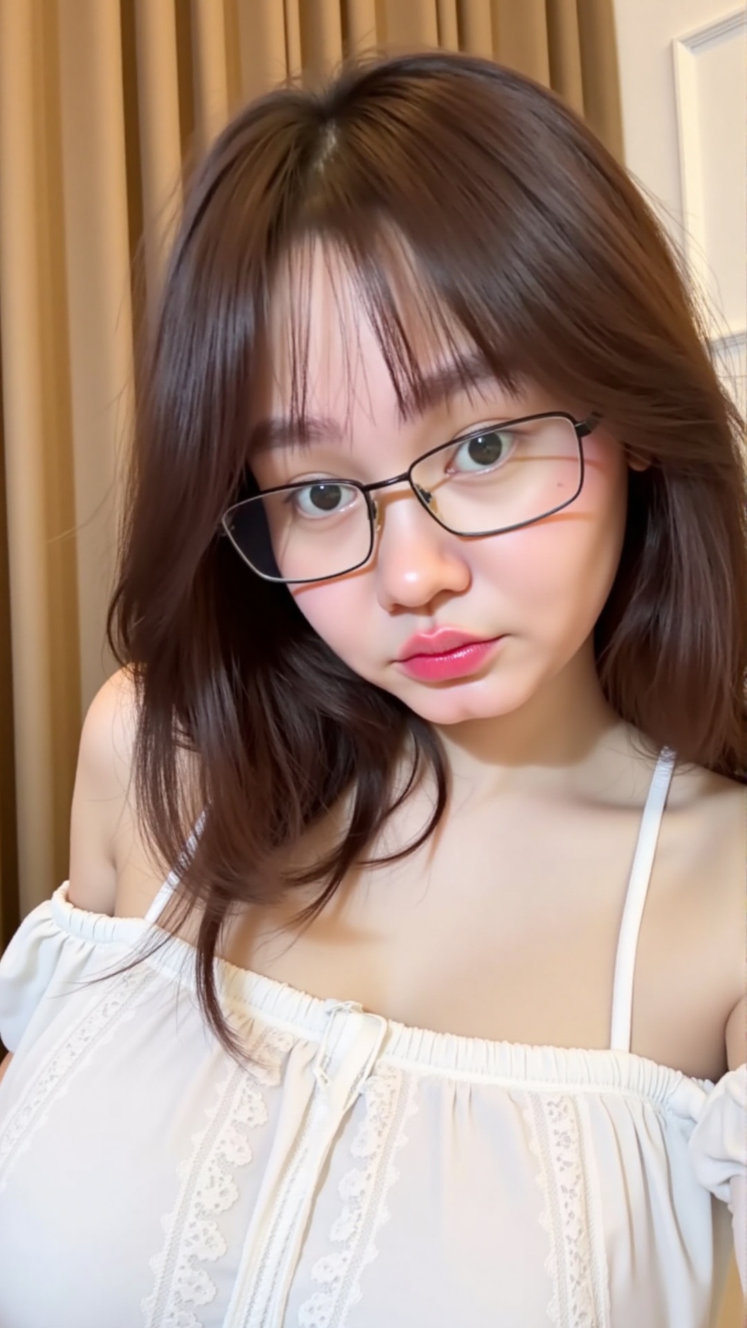 A close-up photograph of a young Asian woman with fair skin and long dark brown hair. She is wearing rectangular glasses a...