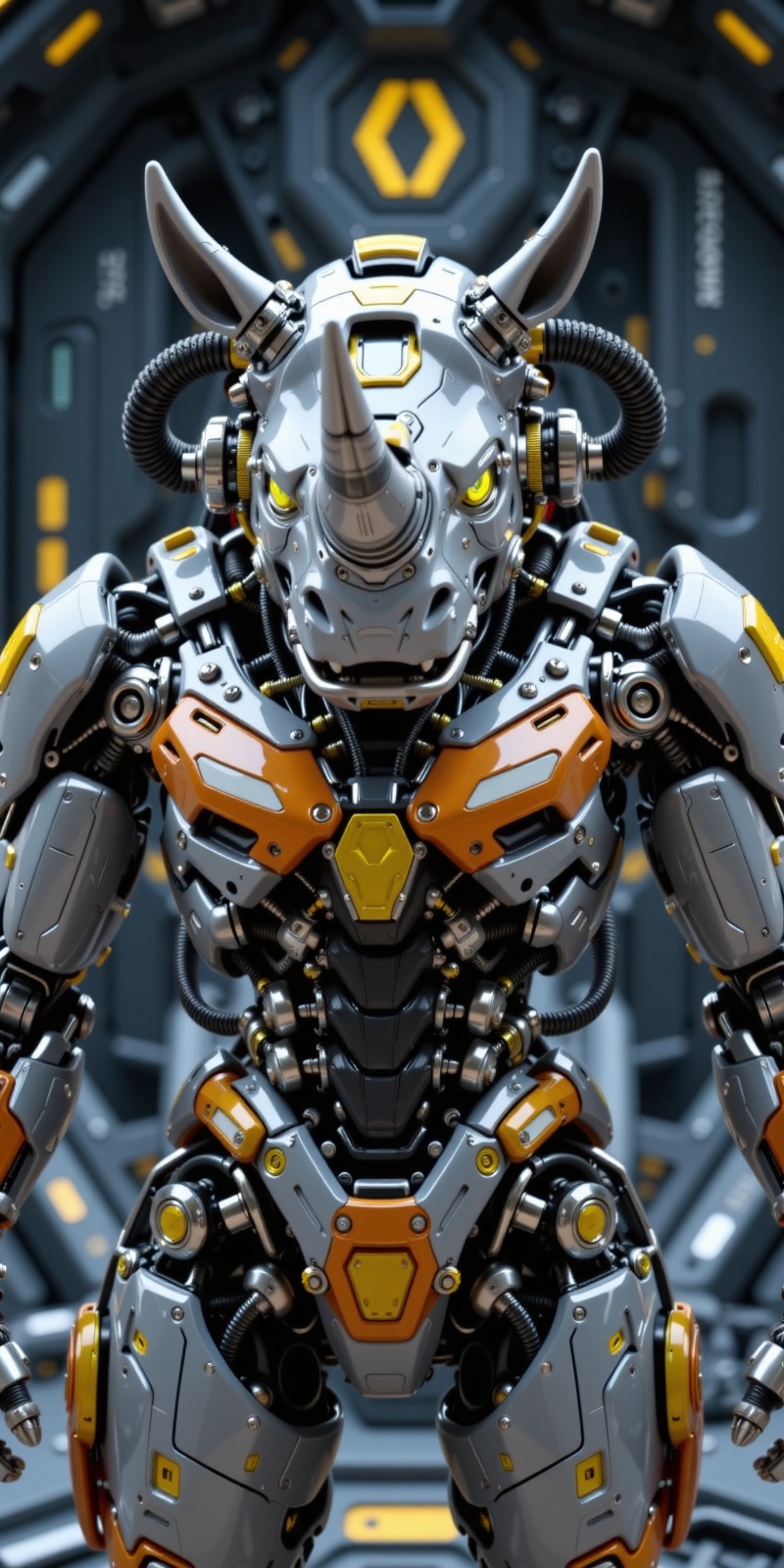 Close-up zoom of a highly detailed and futuristic rhinoceros beetle robotic figure in grey with black and chrome accents,...