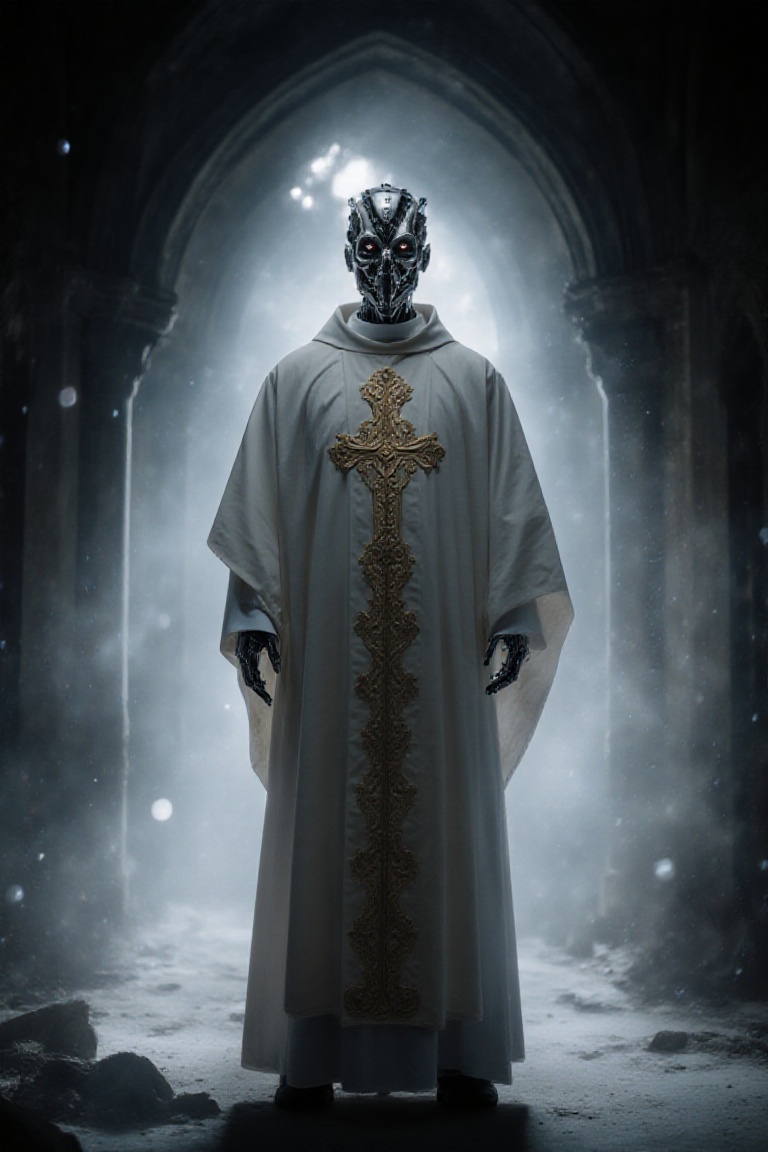 A cyborg evil priest stands in a dark,  ruined church. He wears an ultra-realistic,  highly detailed white vestment with g...