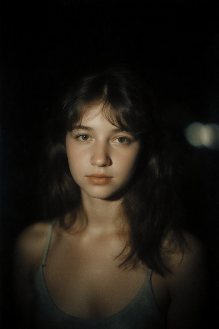 A deep focus photograph at night,  capturing a 27-year-old girl with a slim waist and perfect face and body. Her messy hai...