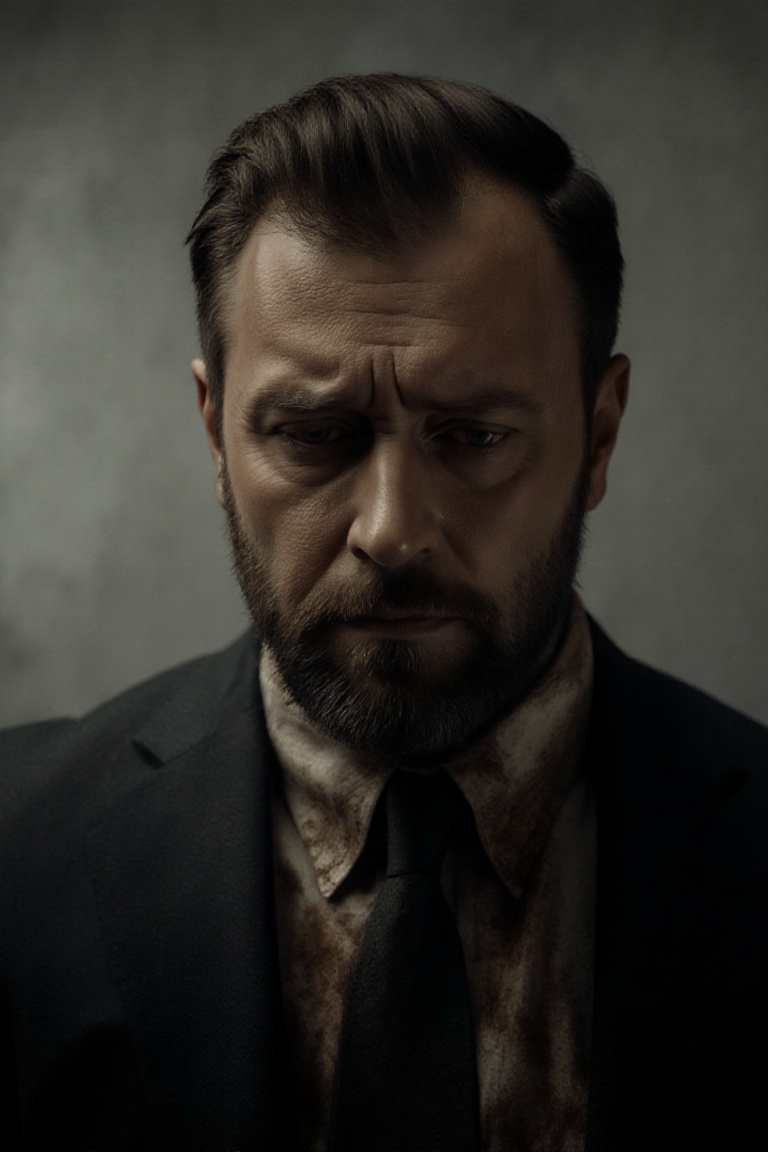 A candid shot of a man in a disheveled business suit,  beard stubble visible,  looking tired and hungover. His clothes are...