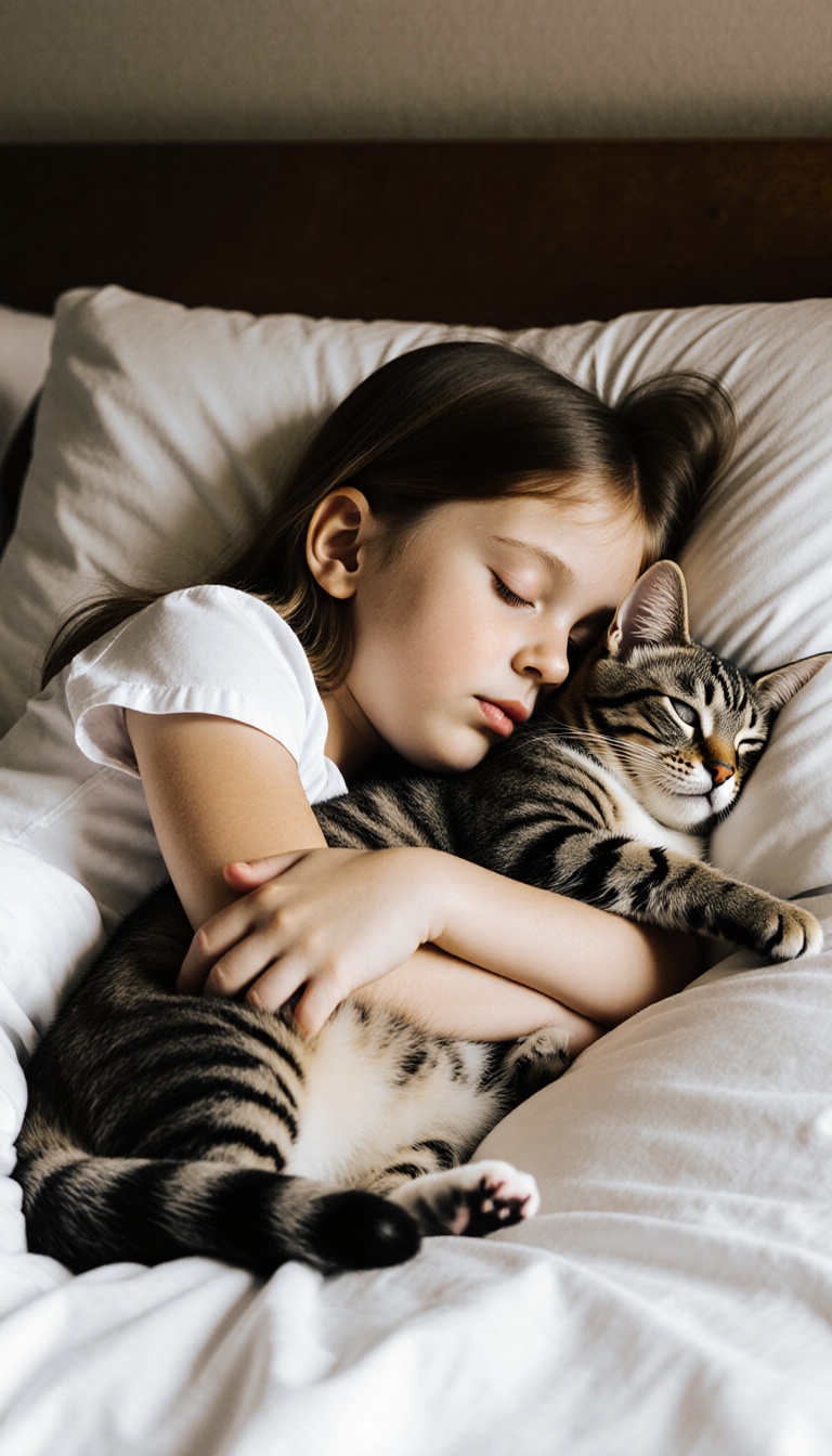 On the bed,  a little girl is sleeping with a cat in her arms. on Tensor.Art
