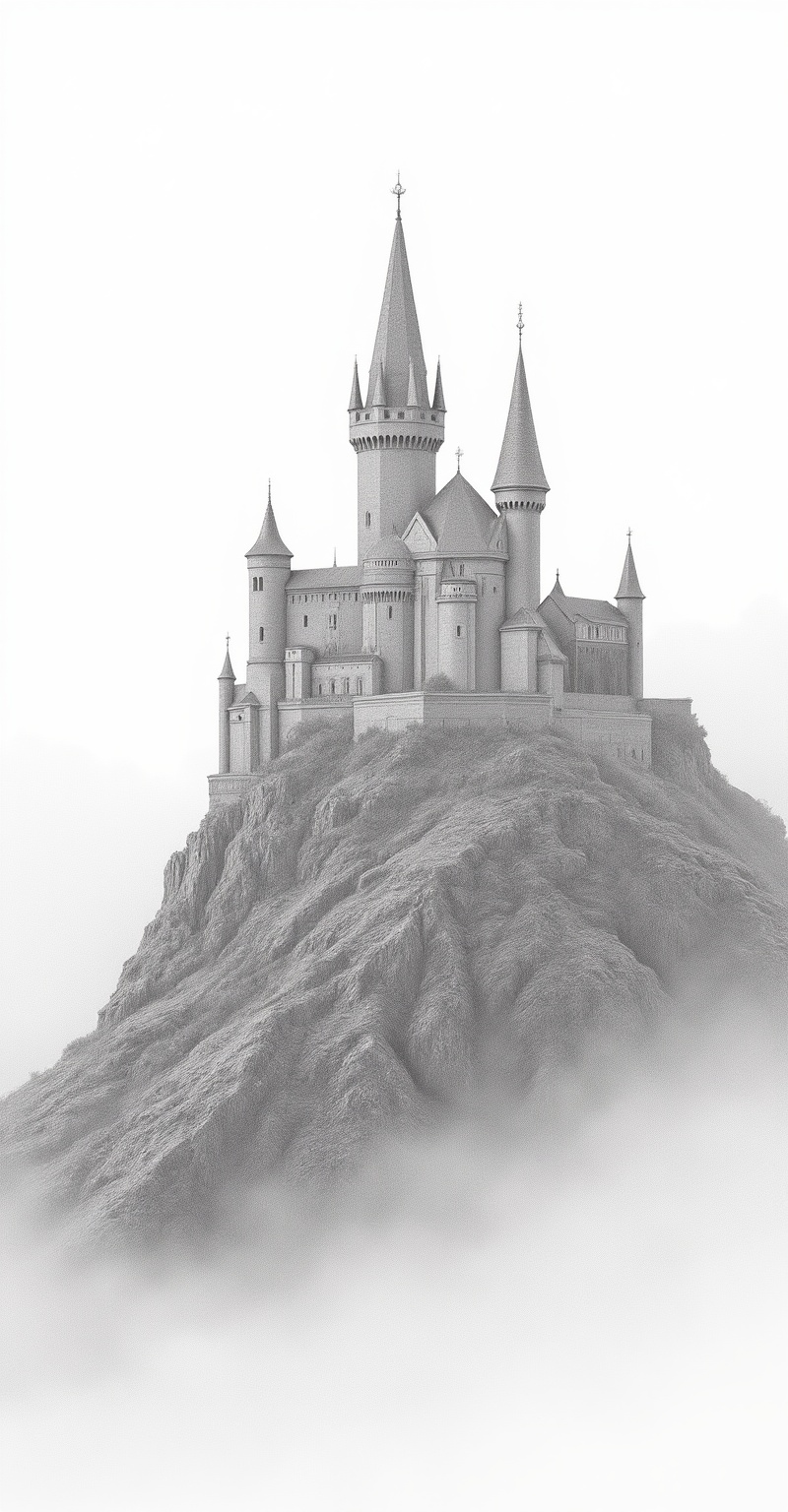 a medieval castle on top of a hill,  surrounded by mist,  pencil sketch on Tensor.Art