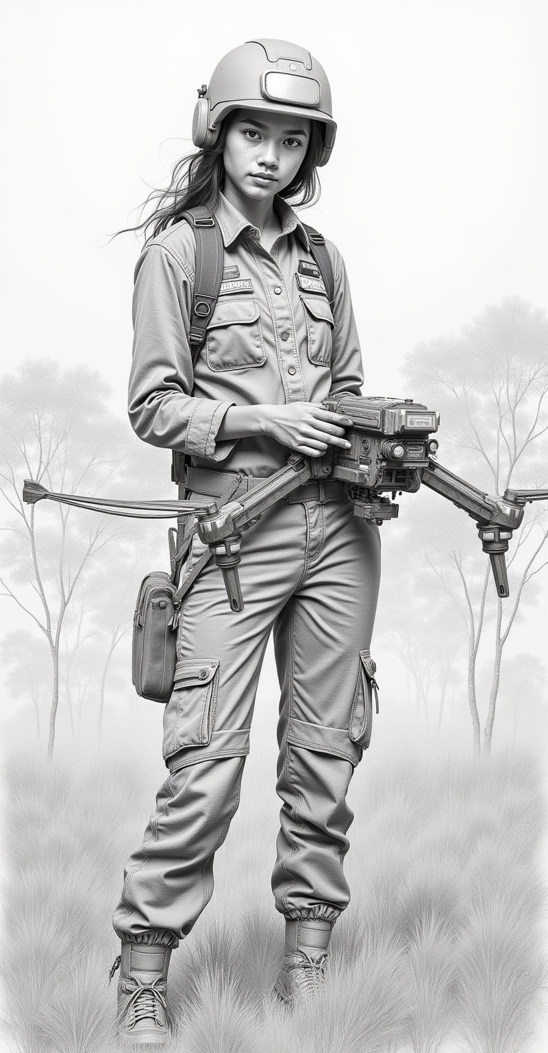 Pencil sketch of a twilight savanna with dark shadows,  A young Malay wildlife biologist with sun-kissed skin and subtle f...