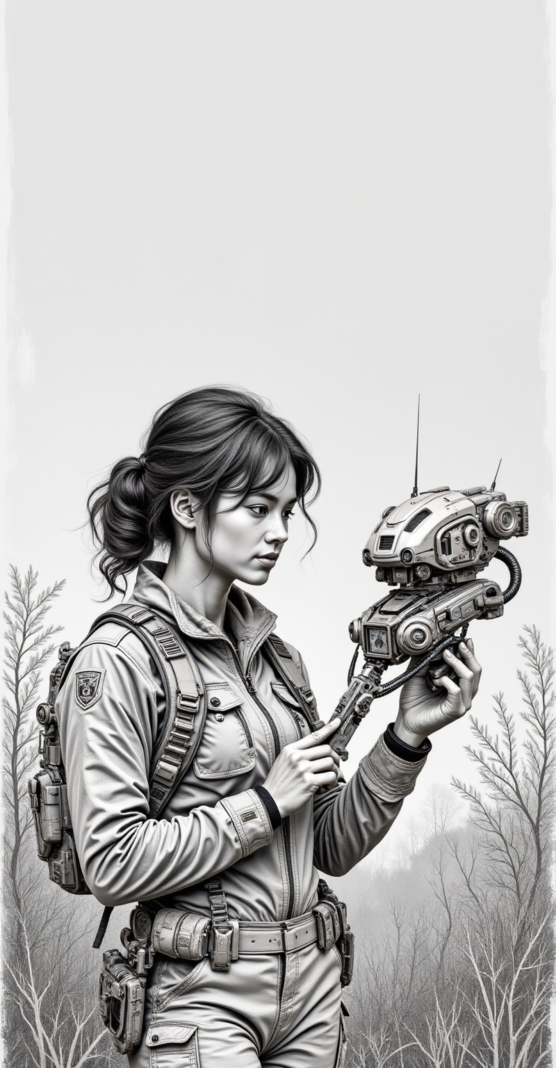 Pencil sketch of a twilight savanna with dark shadows,  A young Malay wildlife biologist with sun-kissed skin and subtle f...