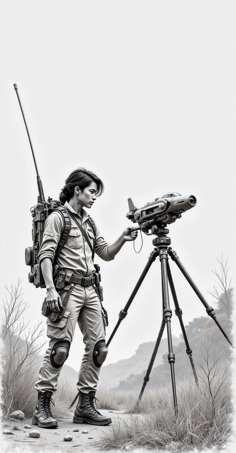 Pencil sketch of a twilight savanna with dark shadows,  A young Malay wildlife biologist with sun-kissed skin and subtle f...