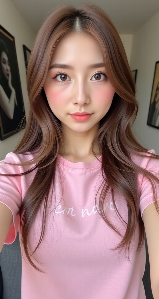 1girl solo long hair looking at viewer brown hair shirt short sleeves lips t-shirt clothes writing pink shirt realistic se...