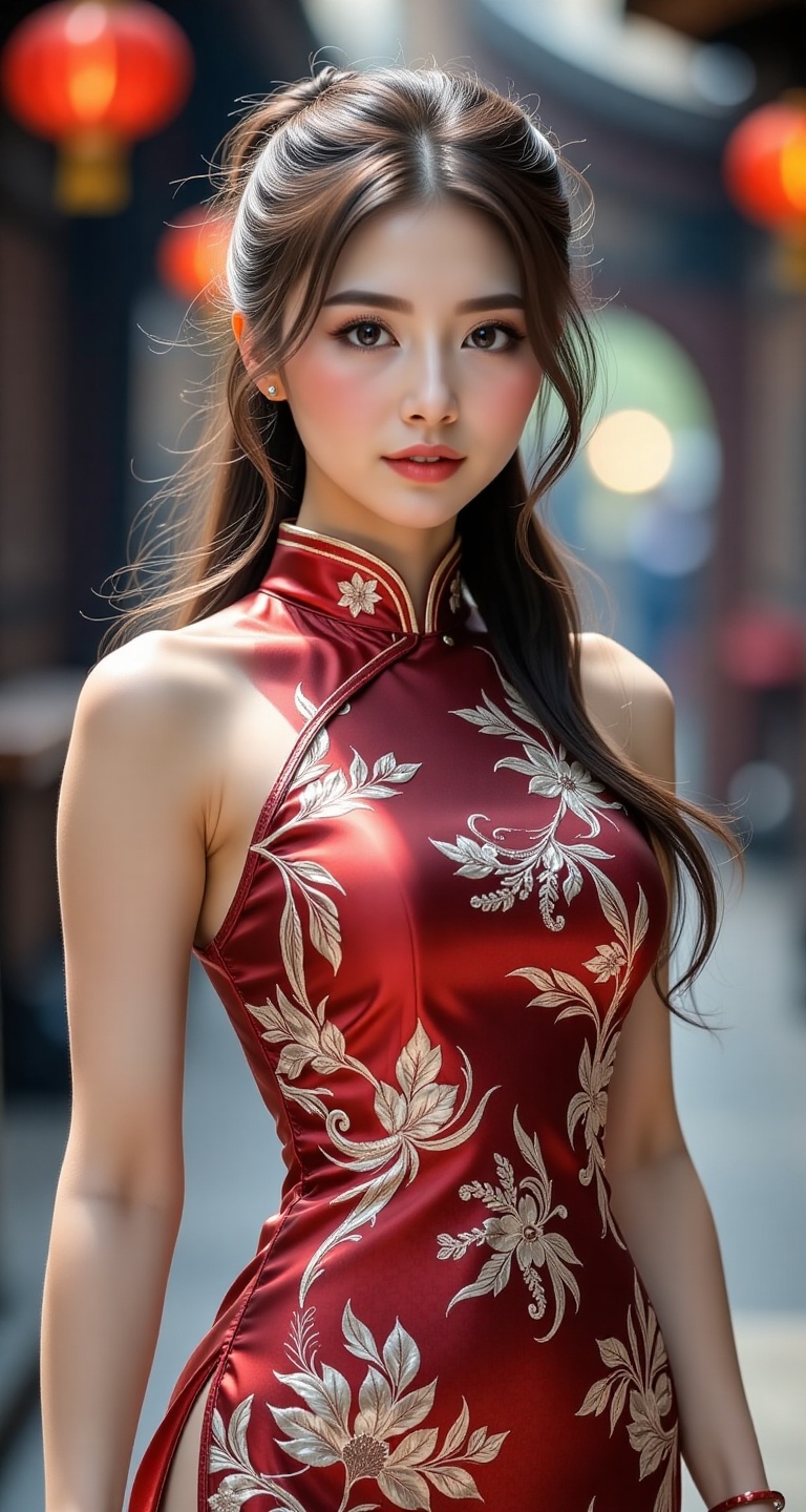 A high-resolution,  ultra-detailed image of 1girl solo long hair breasts brown hair black hair dress ponytail lips chinese...