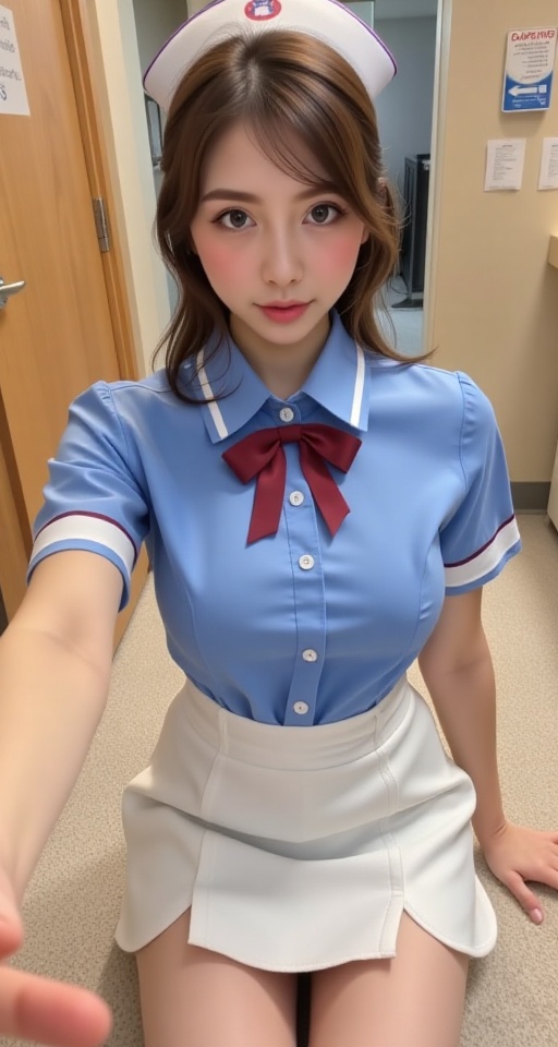 1girl solo breasts looking at viewer skirt large breasts brown hair shirt bow brown eyes sitting bow white skirt blue shir...