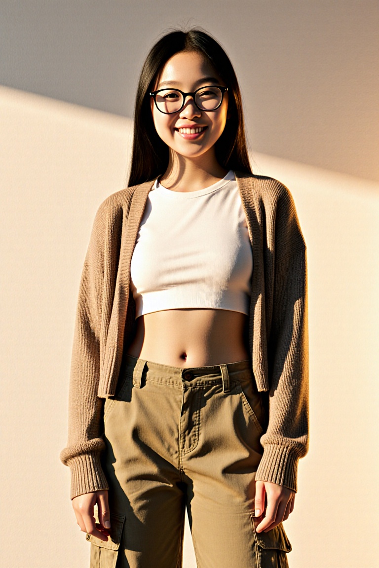 A photorealistic image of a girl with a sweet smile,  standing against a simple background. She wears eyeglasses,  a cropt...
