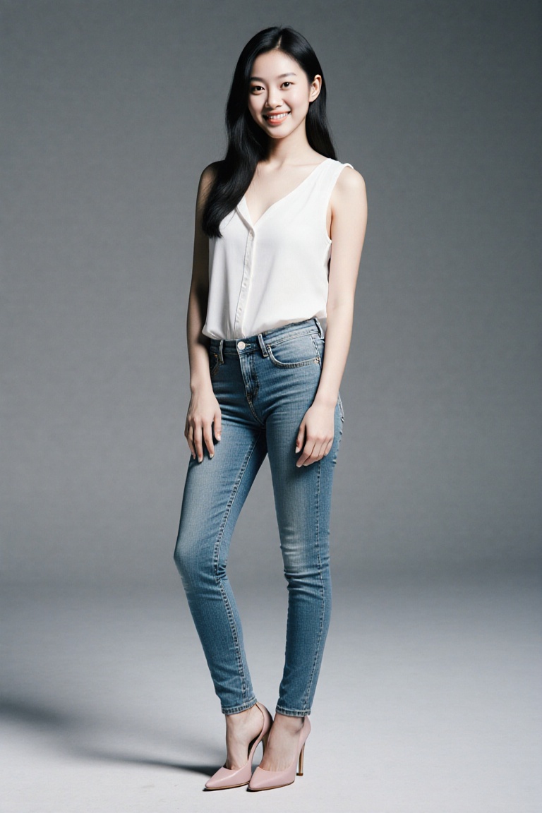A beautifully framed shot of a young Korean woman standing confidently against a plain grey background. She wears raw colo...
