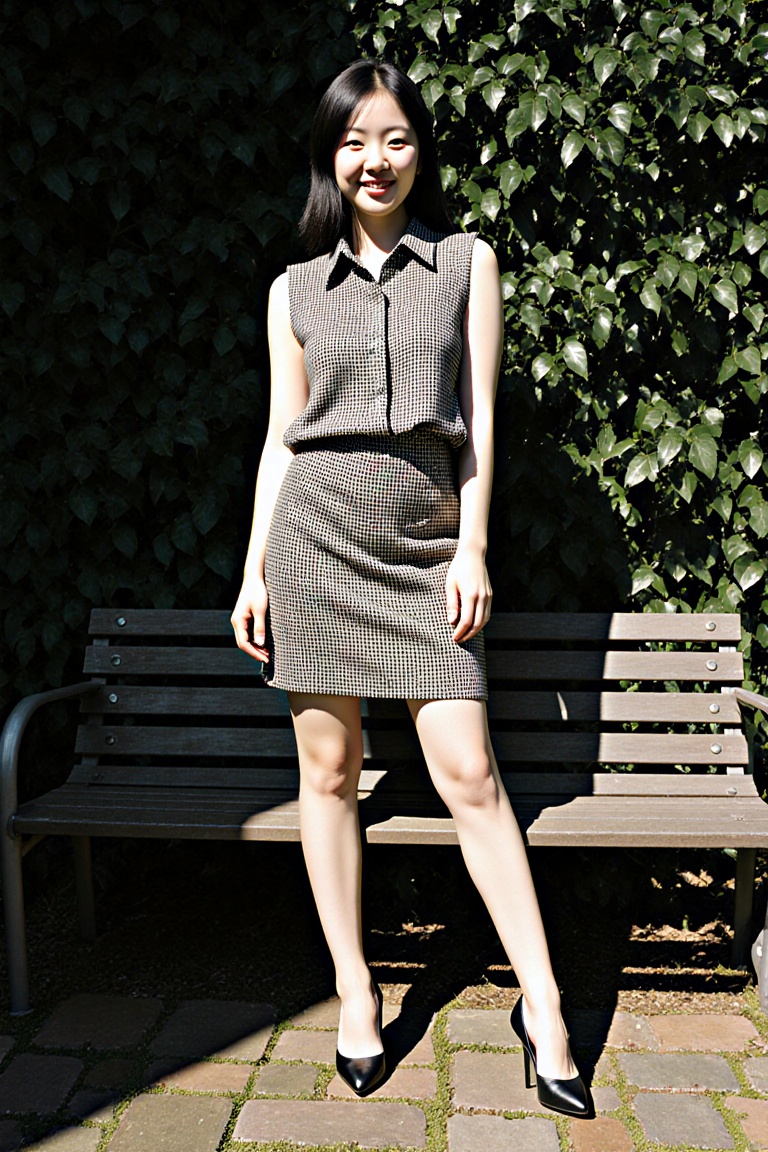A beautifully composed image featuring a young Korean woman in a stylish,  casual outfit. She stands confidently on a gard...
