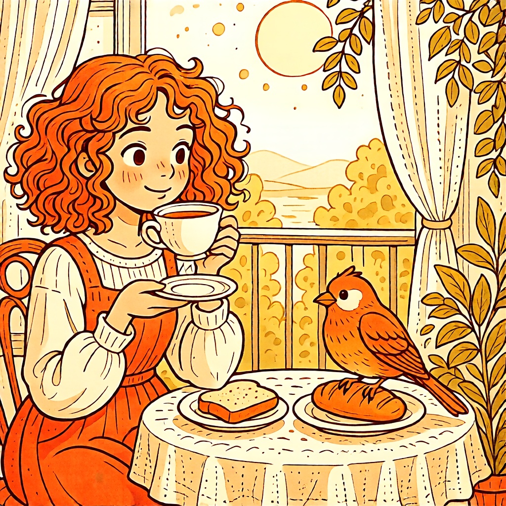 Girl with curly hair drink tea early morning,  cozy balcony,  bird sitting on the table and eat bread on Tensor.Art