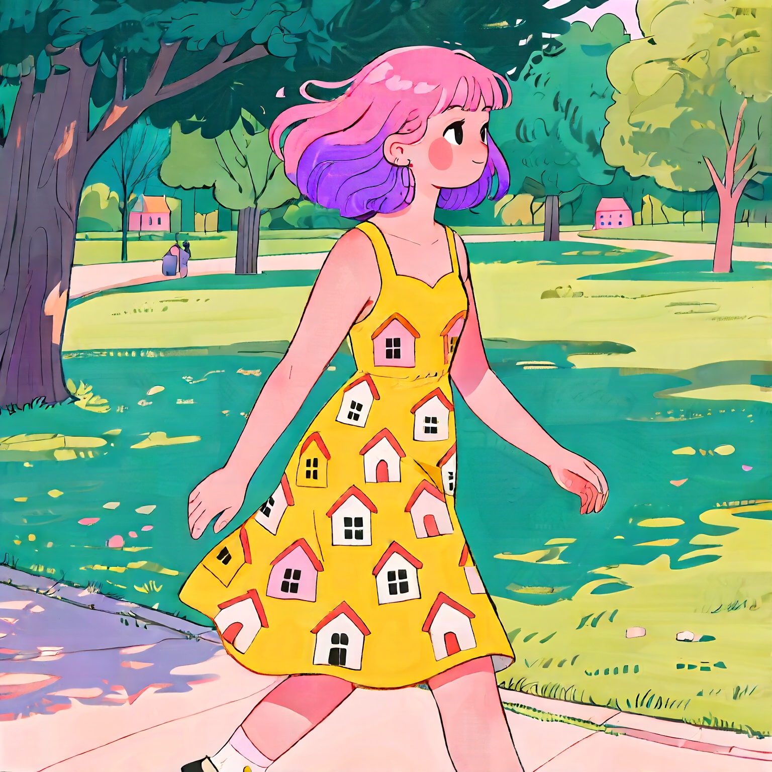 Karinami Inkblush mode,  indie illustration,  cute woman with pink and purple hair in a yellow dress with a pattern in the...