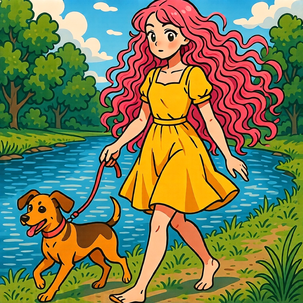 Girl with long high curly pink hair in a yellow dress with a dog walking by the river bank,  Karinami Inkblush on Tensor.Art