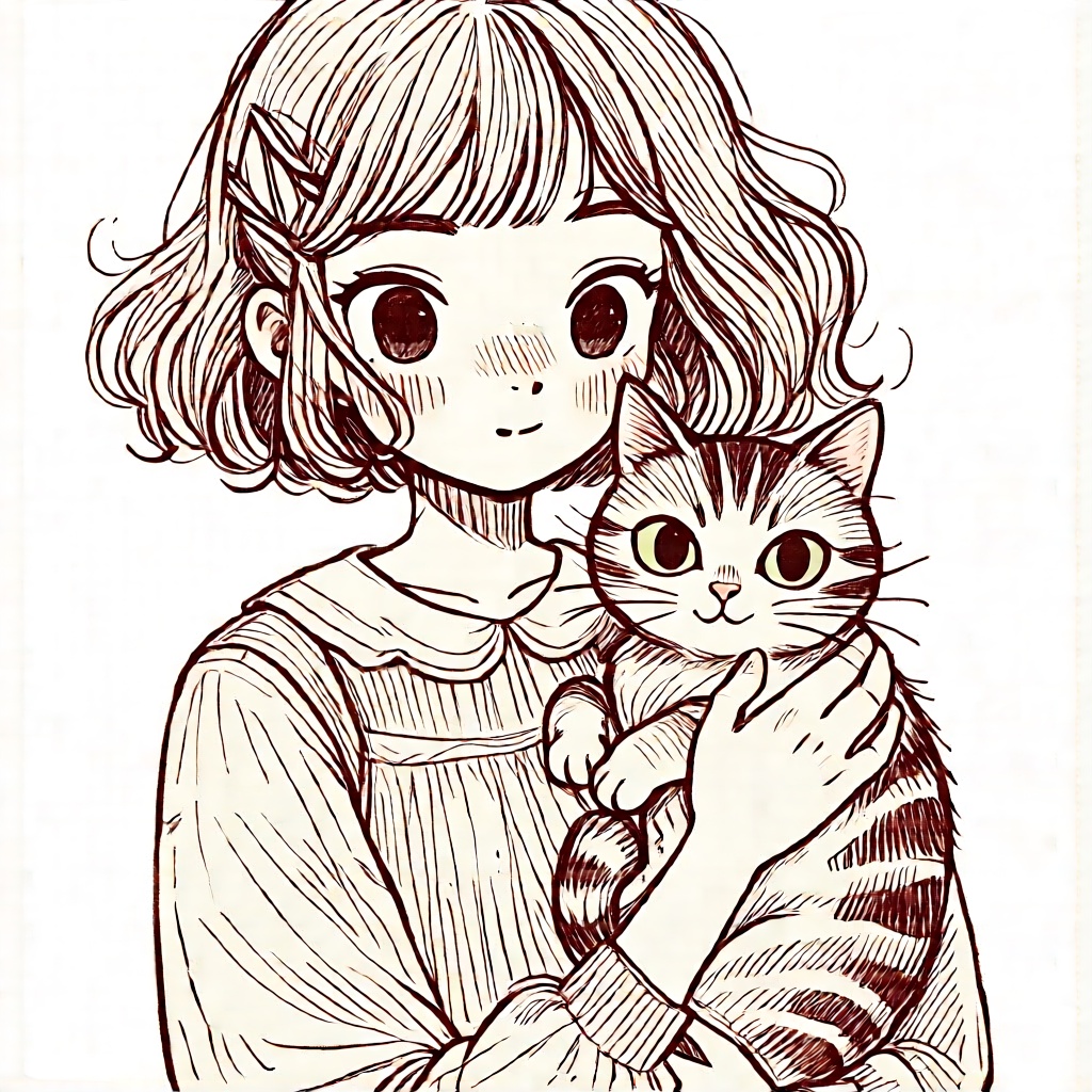 Girl holding a cute cat,  Karinami Inkblush mode,  indie illustration on Tensor.Art