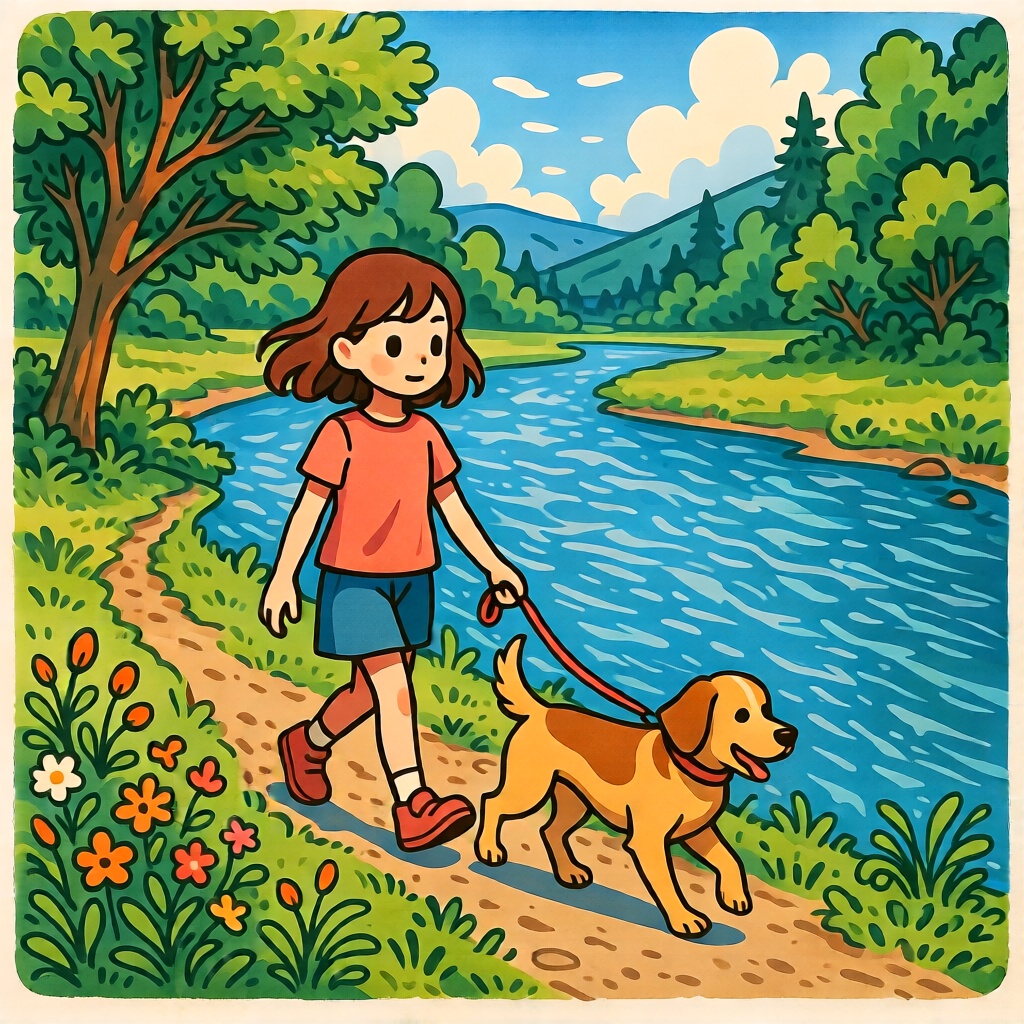 Girl with a dog walking by the river bank,  Karinami Inkblush mode on Tensor.Art