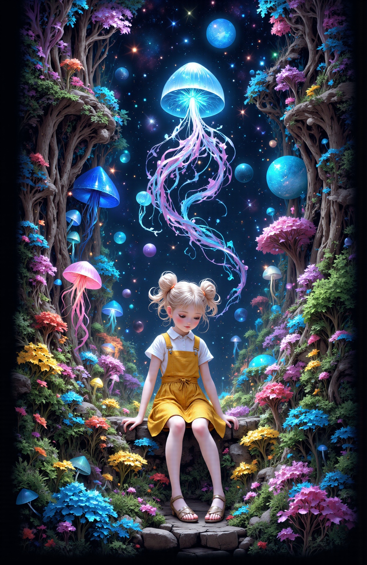 Top view,  digital illustration,  fantasy fairy tale style mixed with 3d paper sculpture art. Use smooth brushstrokes and...