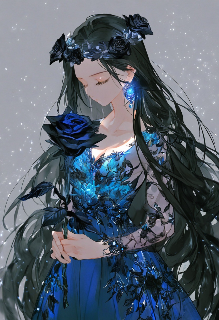 a female character with long flowing black hair adorned with a blue floral wreath. she is wearing a translucent dress with...