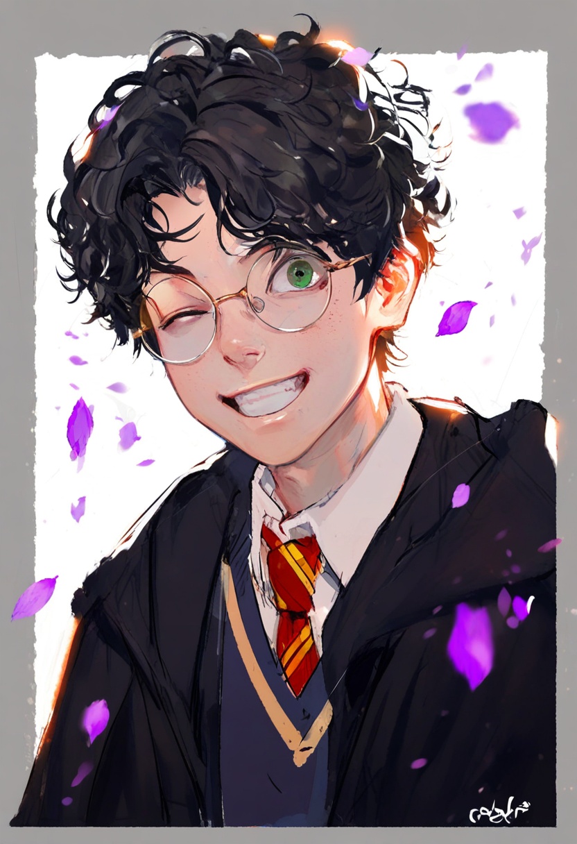 a dutch angle portrait of a young boy with curly hair,  wearing round glasses. he is dressed in a blue robe with a red and...
