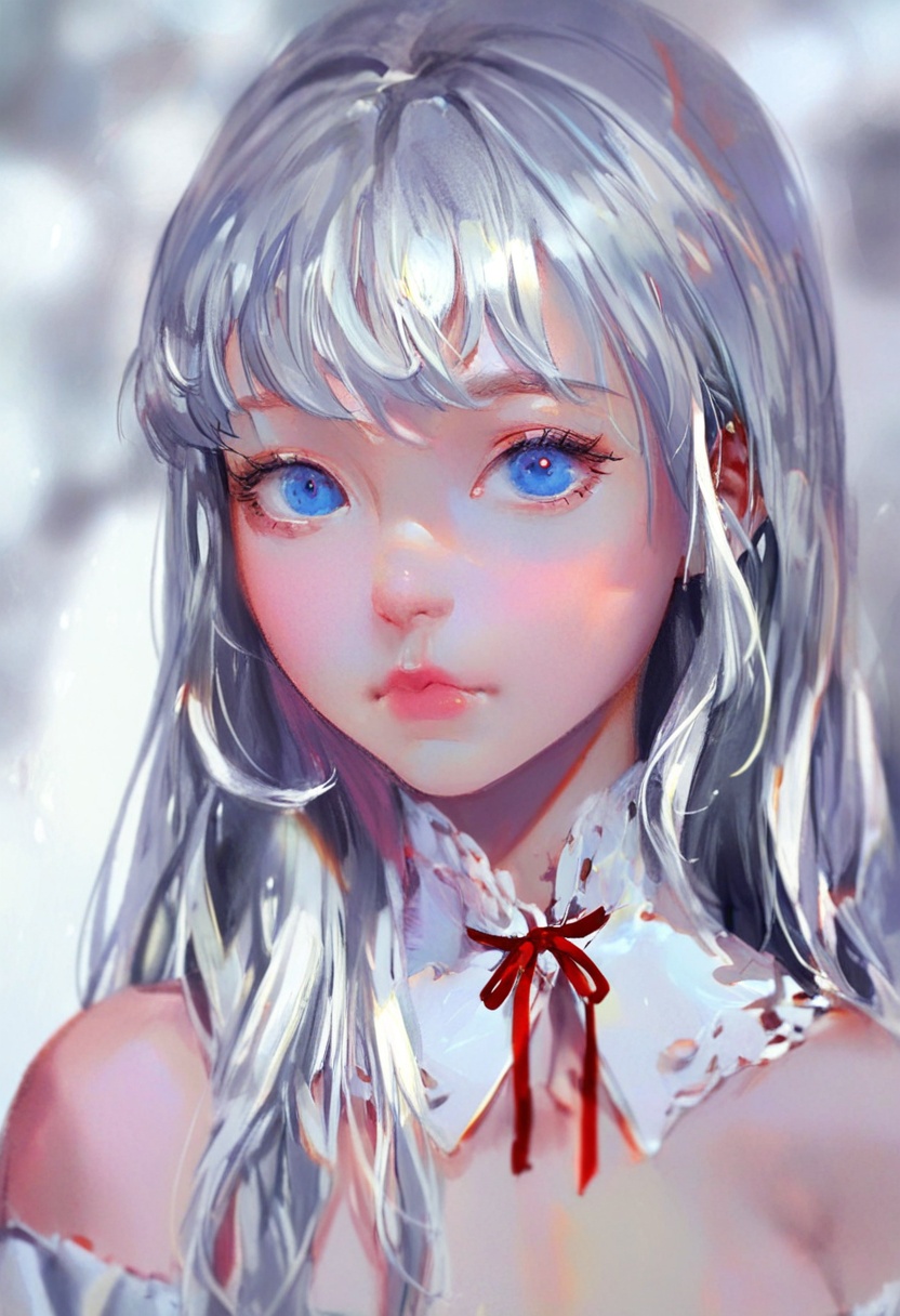 a close-up portrait of a female figure with long,  silver hair and striking blue eyes. she is wearing a white top with a r...