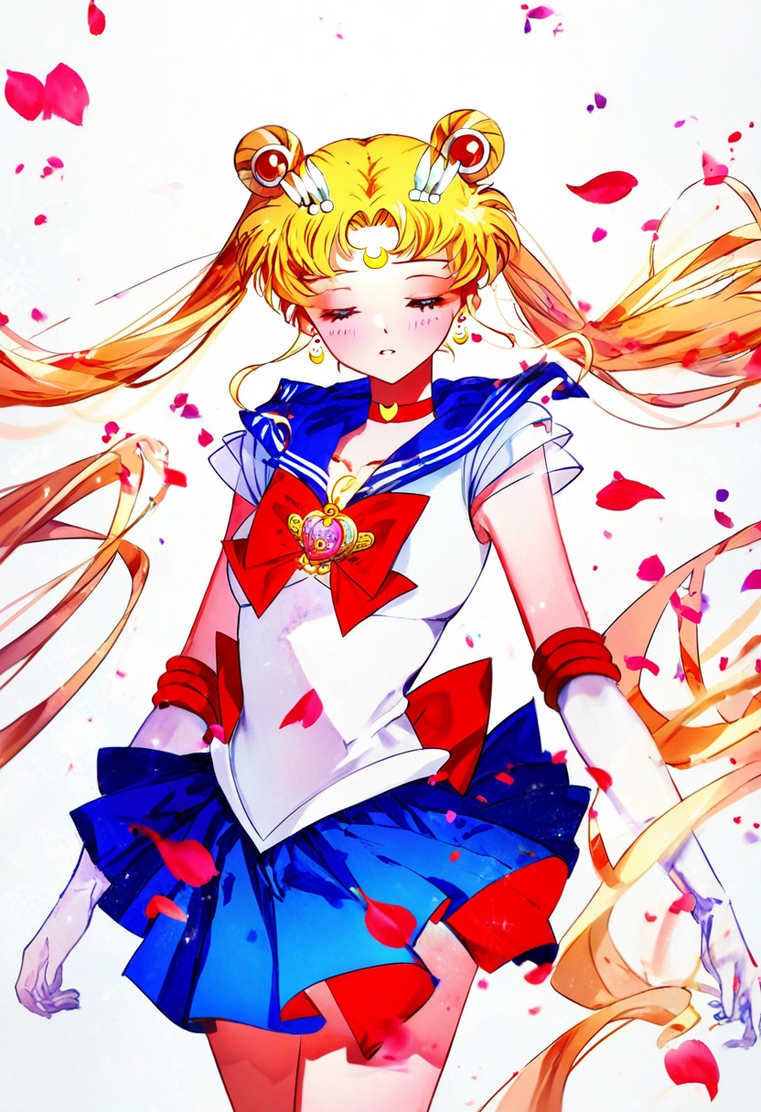 a character with long,  flowing hair adorned with red and white accessories. the character is wearing a blue and white dre...