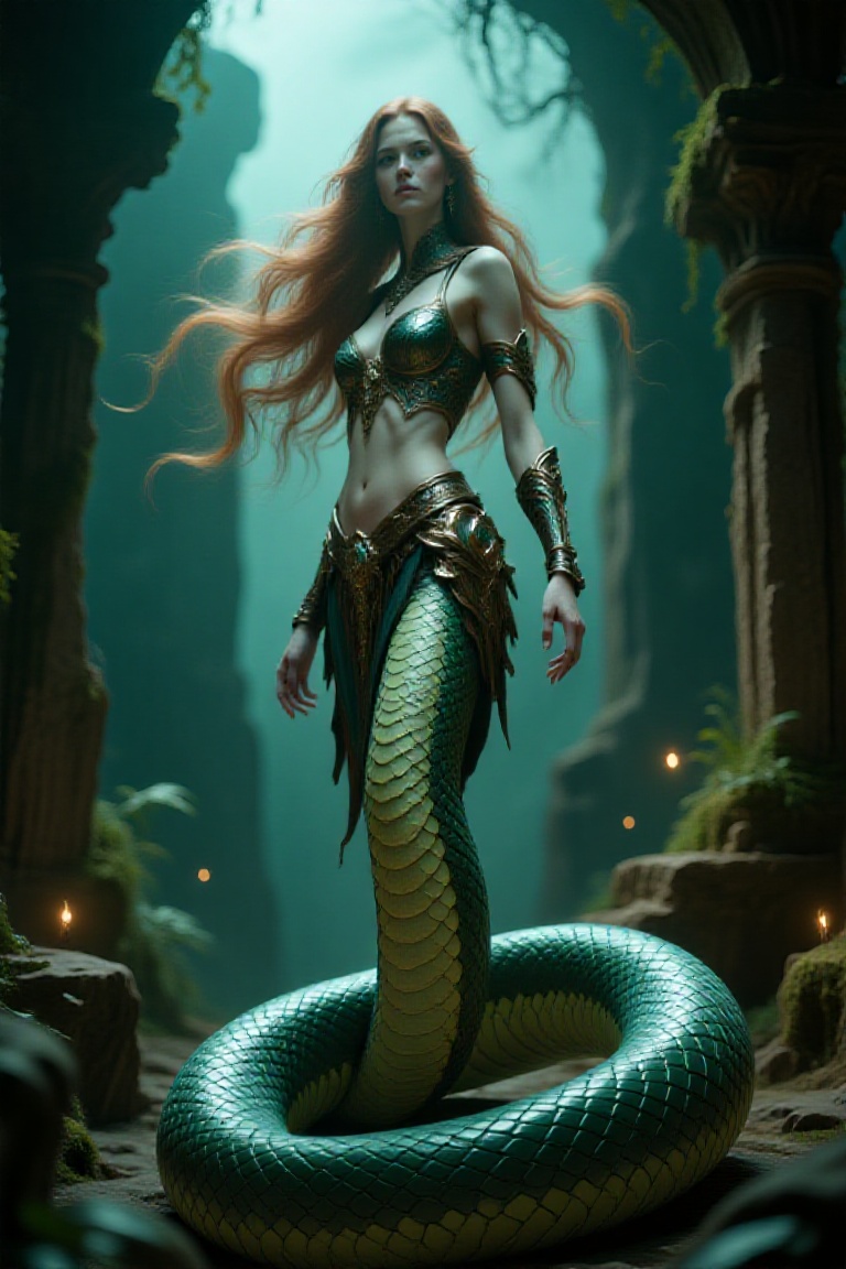 lamia,  upper body human female with long flowing hair,  lower body giant serpent tail instead of legs on Tensor.Art