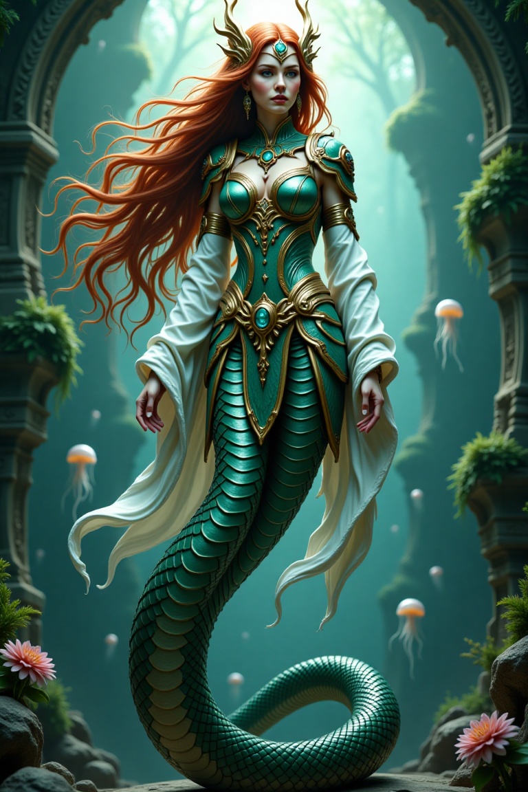 mythical naga queen,  half-woman half-serpent,  long flowing red-gold hair on Tensor.Art