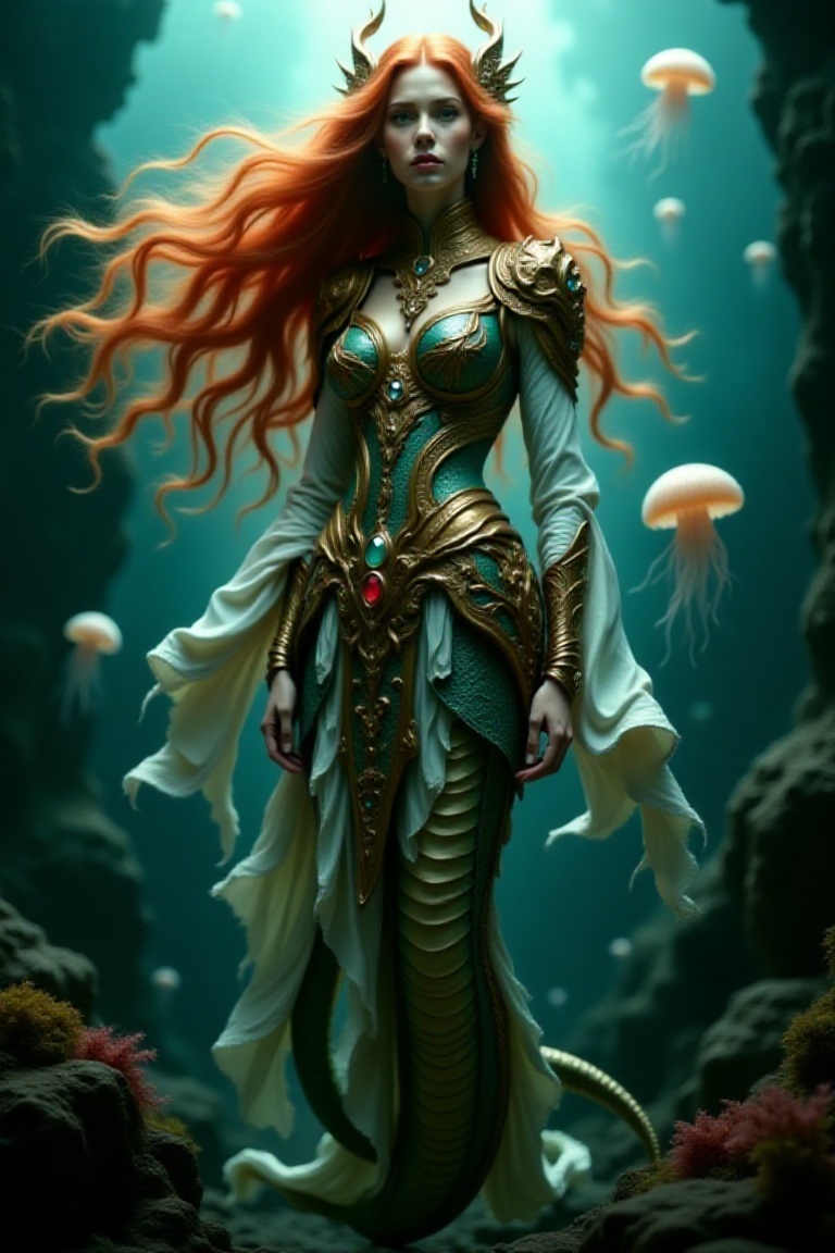 mythical dragon queen,  half-woman half-serpent,  long flowing red-gold hair on Tensor.Art