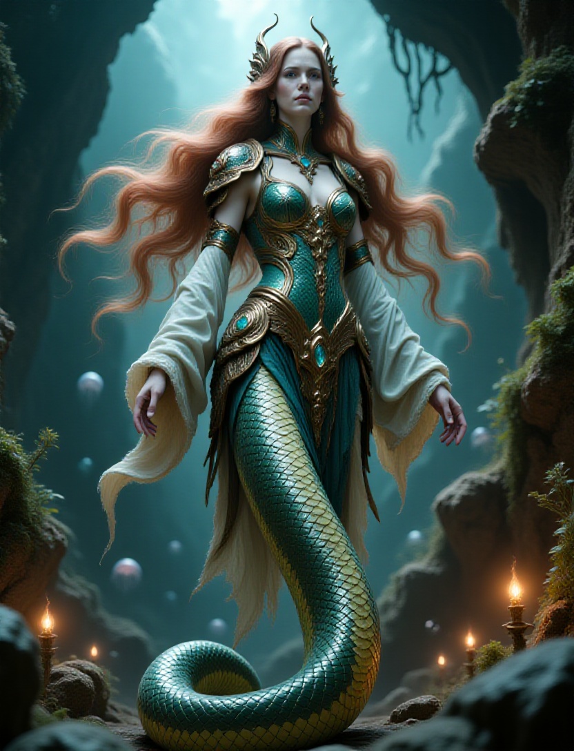 { "model": "flux-1",  "prompt": "mythical naga queen,  half-woman half-serpent on Tensor.Art