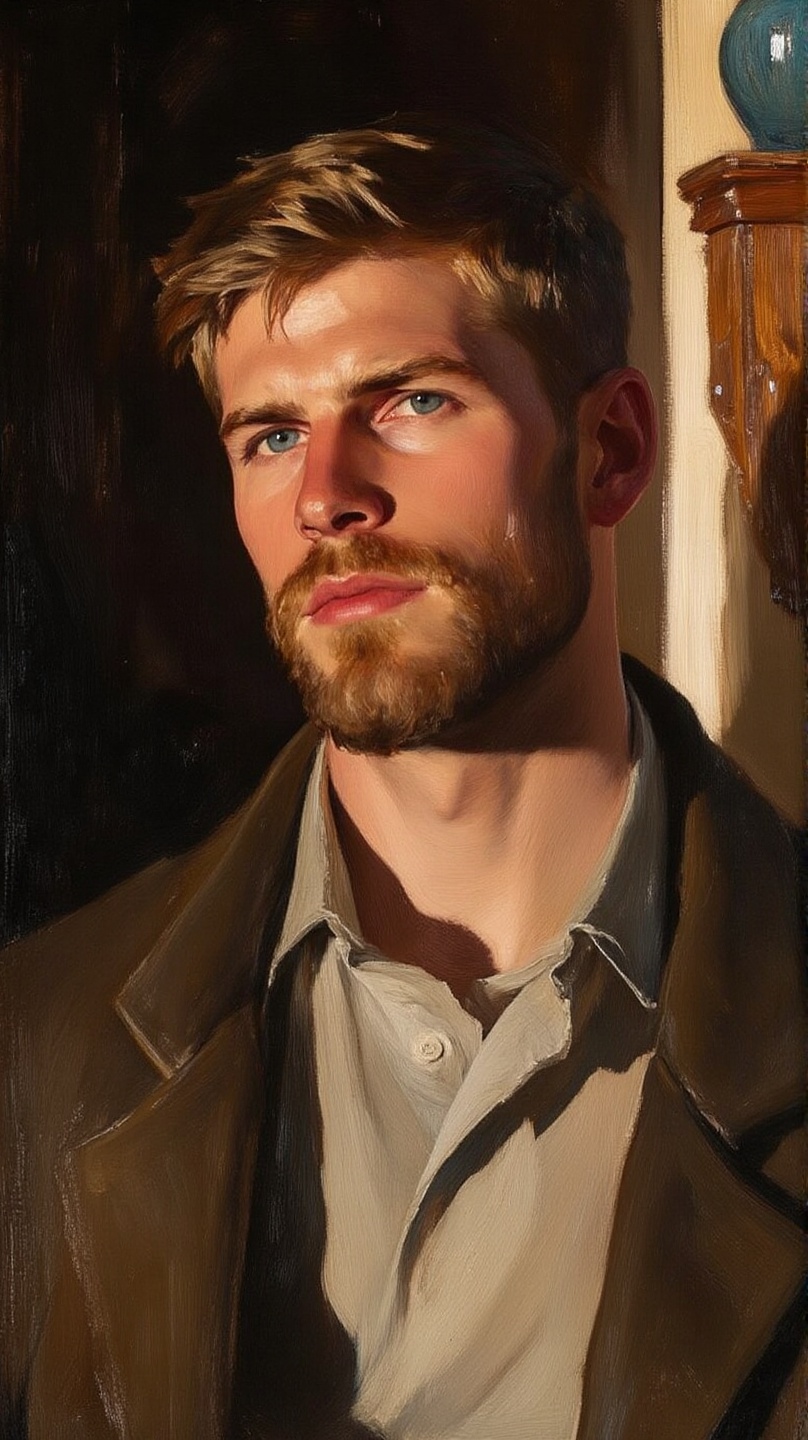 A detailed oil painting of a handsome young man with short light brown hair and a well-groomed beard wearing a brown coat...