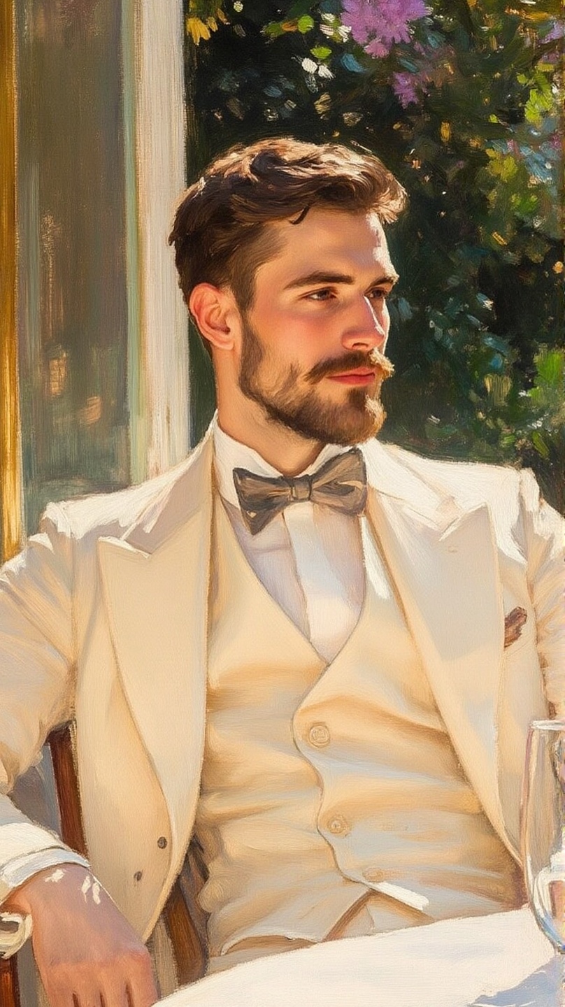 A young man with a neatly trimmed beard and mustache wearing a white three-piece suit with a bow tie sits at an outdoor ca...