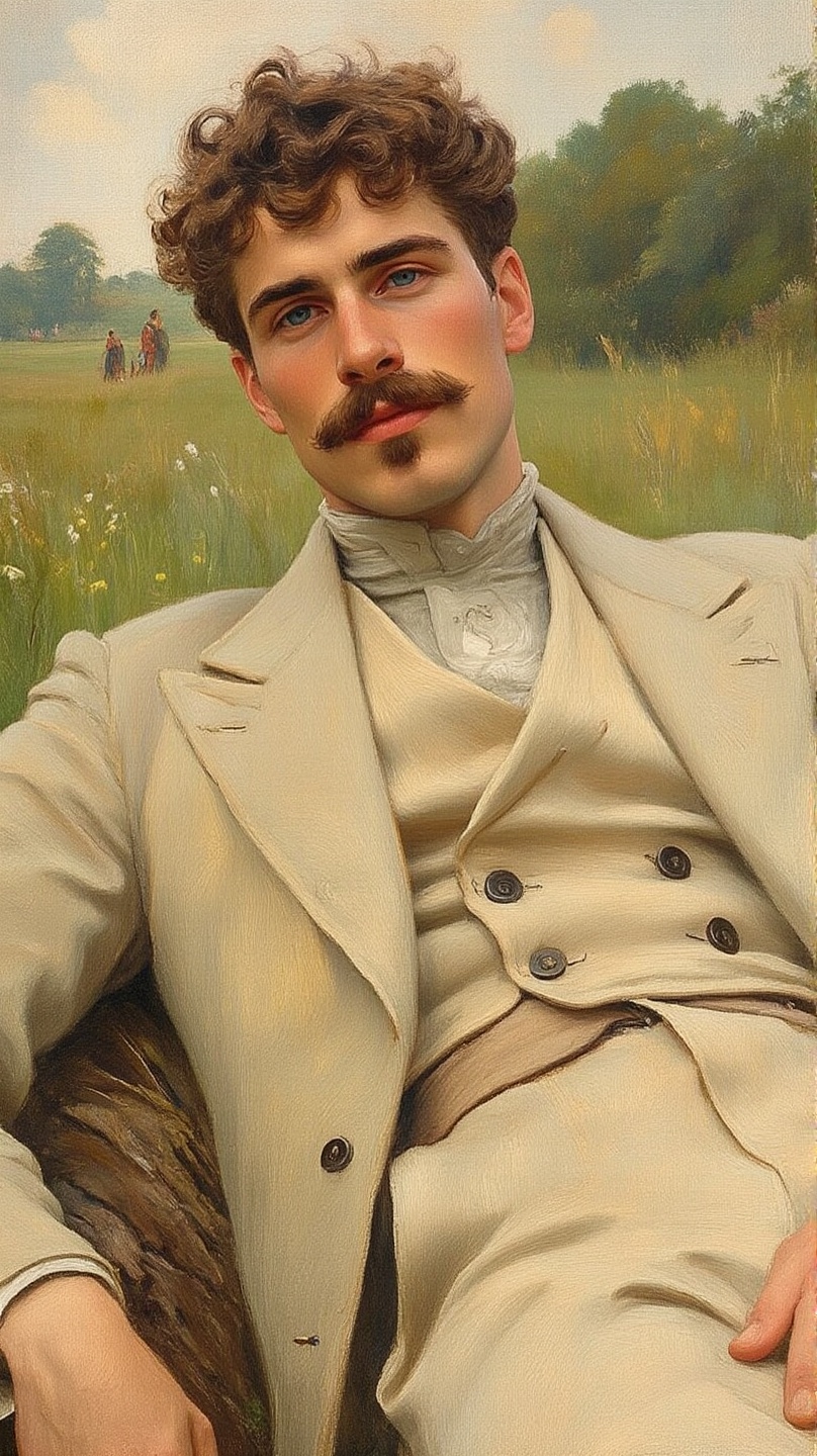 A young man with curly brown hair and a thick mustache wearing a light-colored double-breasted jacket and beige pants loun...