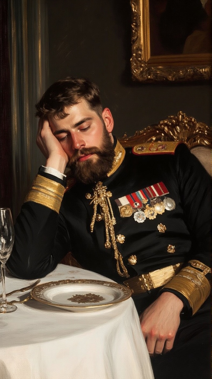 A realistic oil painting of a handsome young Caucasian man with a thick beard wearing a dark military uniform adorned with...