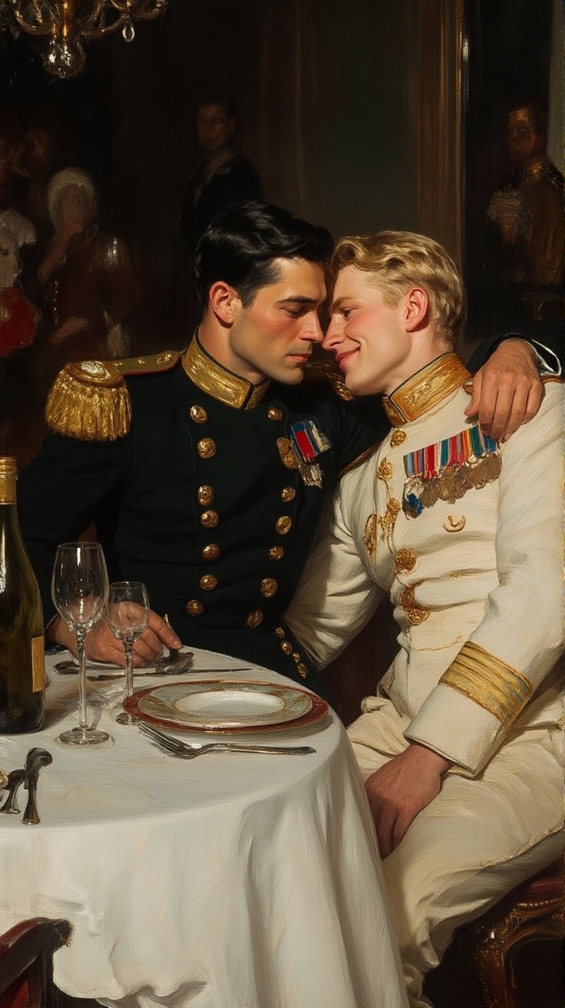 2 boys. A detailed oil painting of two military officers in a dimly lit room seated closely at a table. One officer with d...