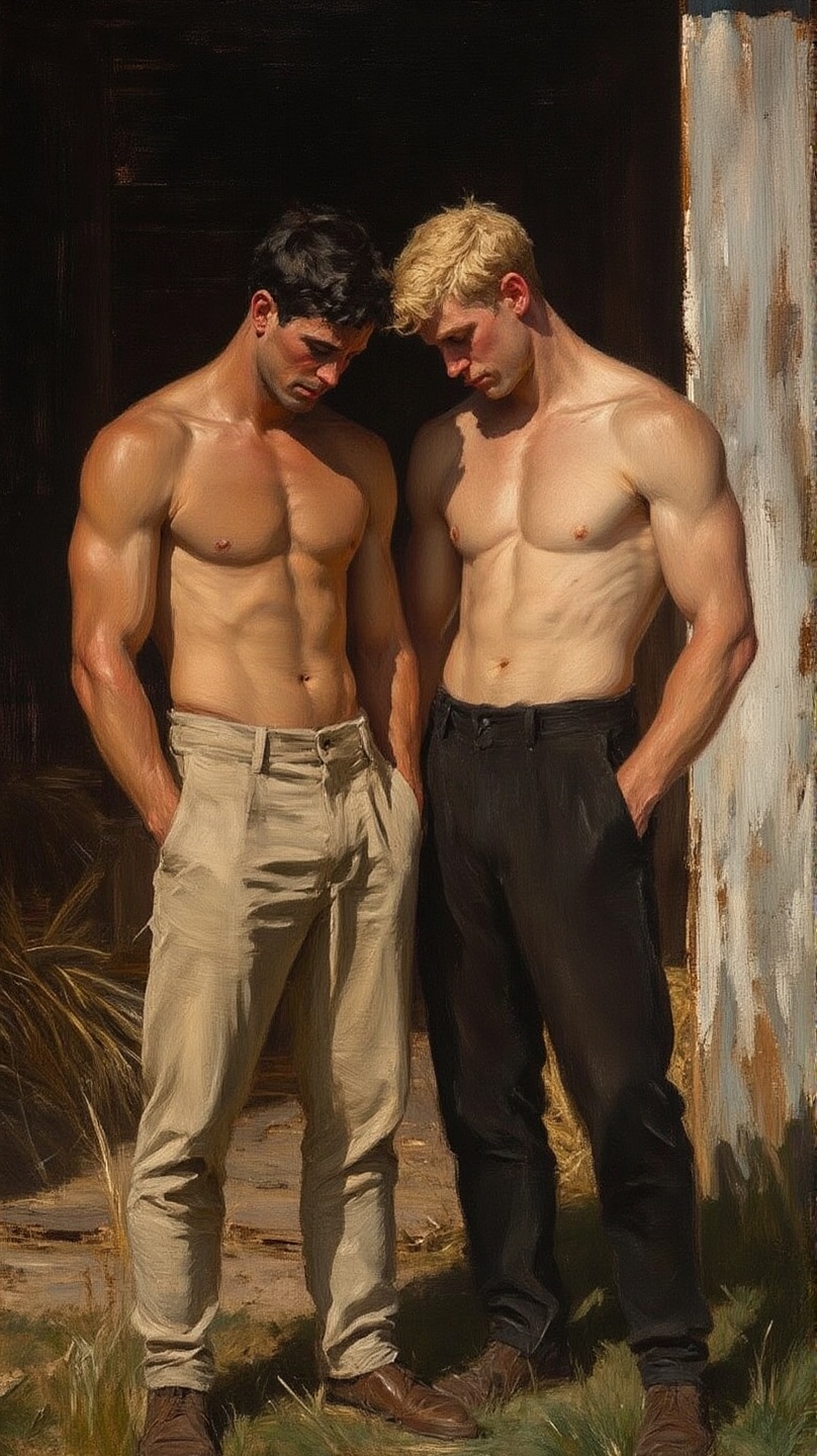 Two muscular men in a rustic weathered wooden barn. Both shirtless one with dark hair and light skin the other with blonde...