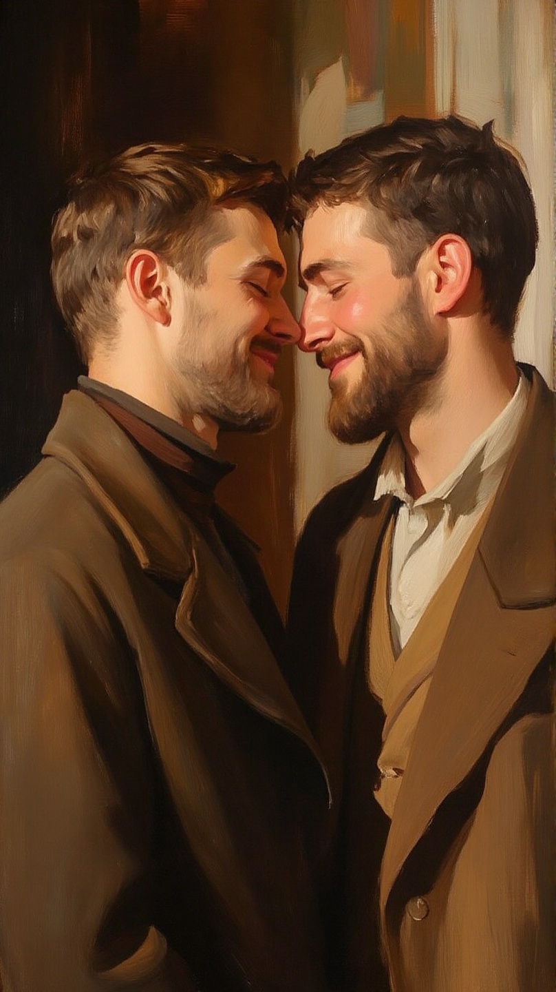 A detailed oil painting of two young men standing close together facing each other with their noses touching eyes closed s...