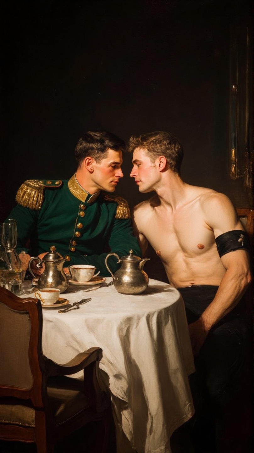 A realistic oil painting of two shirtless men sitting closely at a wooden table. One man is wearing a green military unifo...