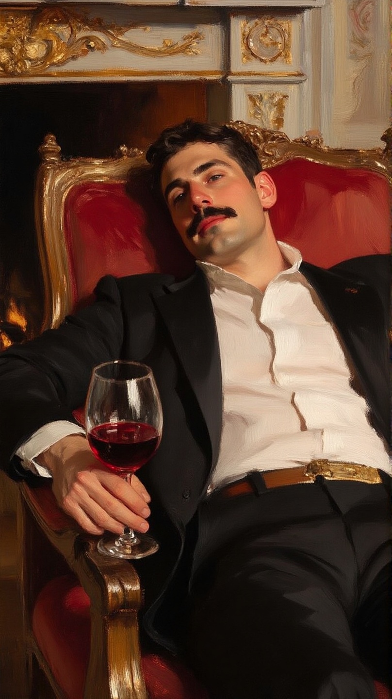 A man lounges on a plush red chair dressed in a black suit with a white dress shirt holding a glass of red wine. He has a...