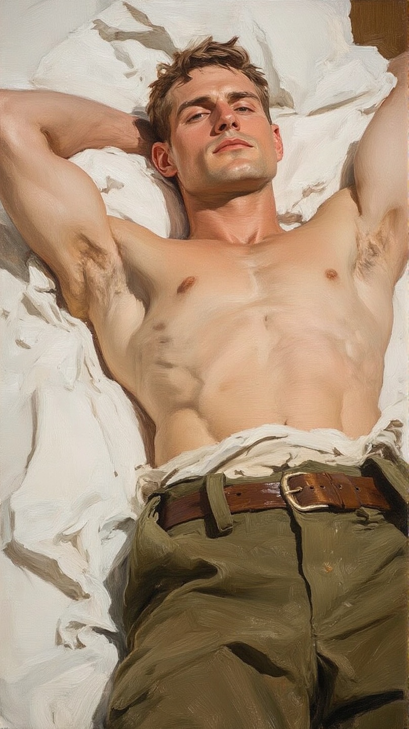 A realistic oil painting of a muscular shirtless man with short brown hair lying on his back on a rumpled white sheet. He...