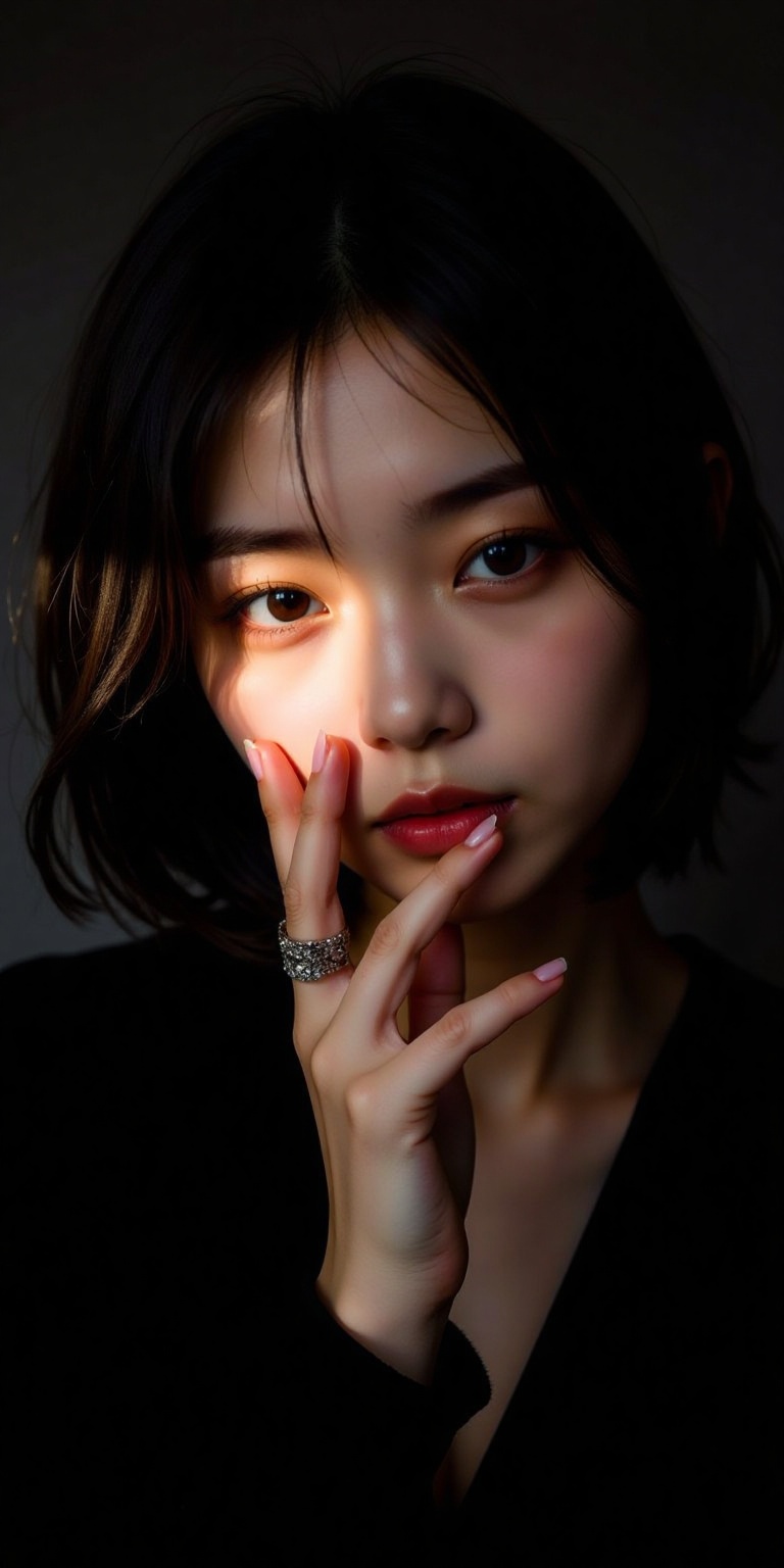 an ultra-realistic portrait of a glamorous supermodel,  dark hair,  partially illuminated by a narrow beam of light on Ten...