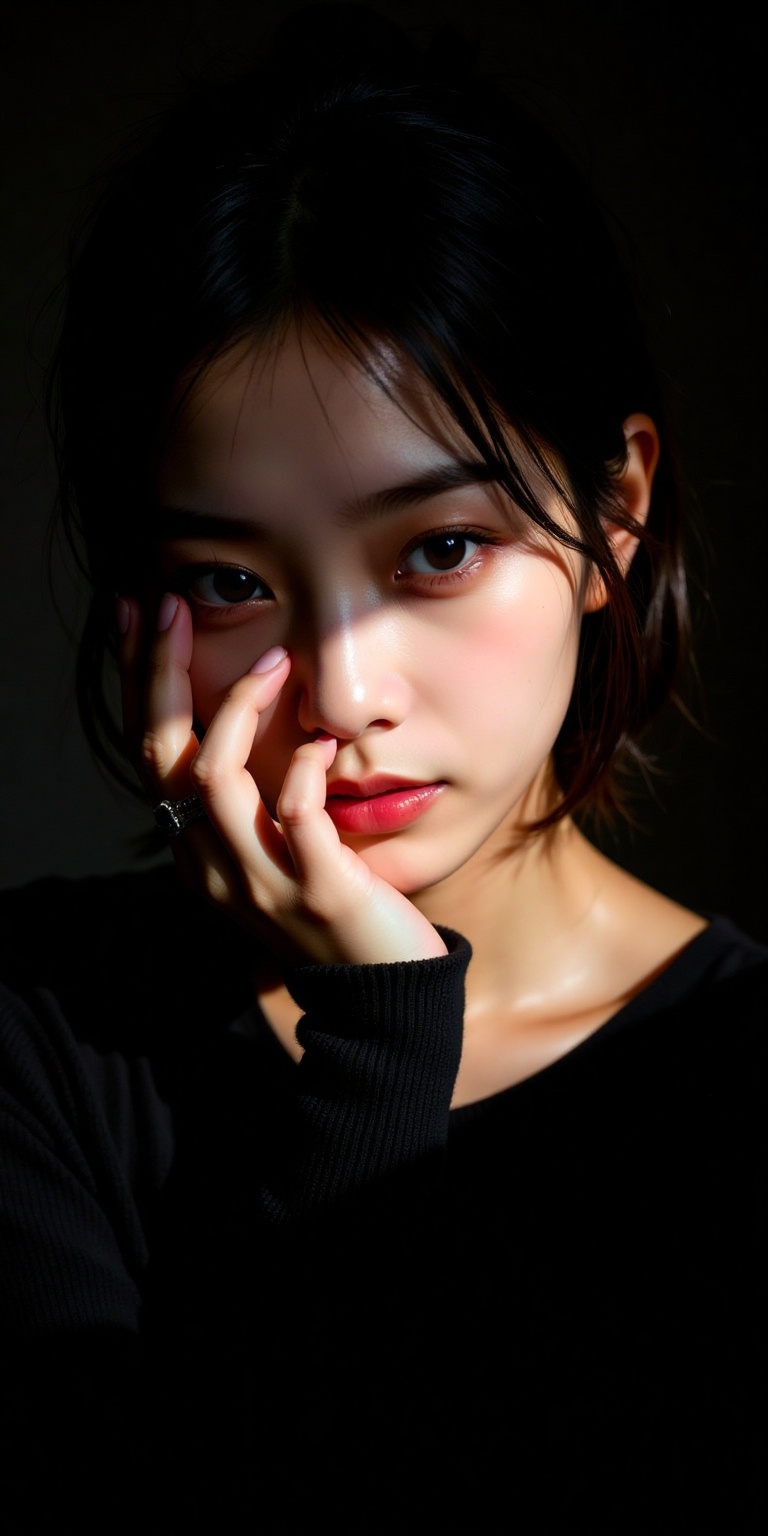 an ultra-realistic portrait of a glamorous supermodel,  dark hair,  partially illuminated by a narrow beam of light on Ten...