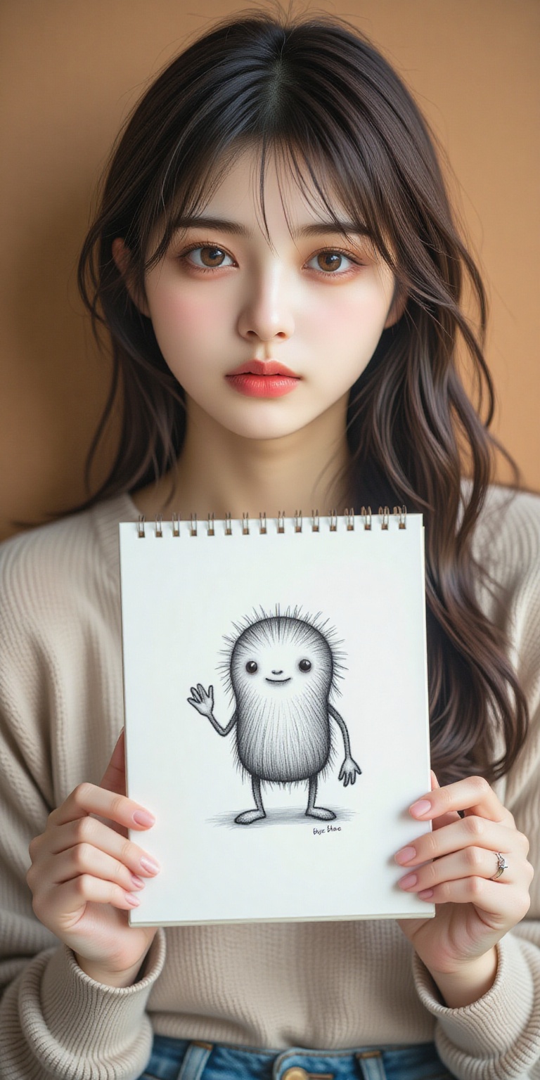 an ultra-realistic portrait of a glamorous supermodel,  A beautiful Japanese woman with a bright smile holds up a notebook...