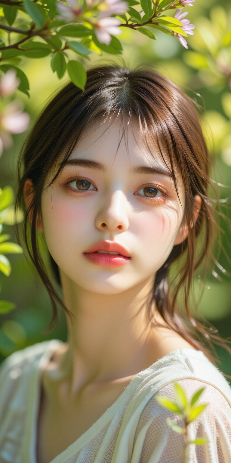 In the gentle sunlight of spring,  golden beams filter through the fresh green leaves,  scattering dappled patterns across...