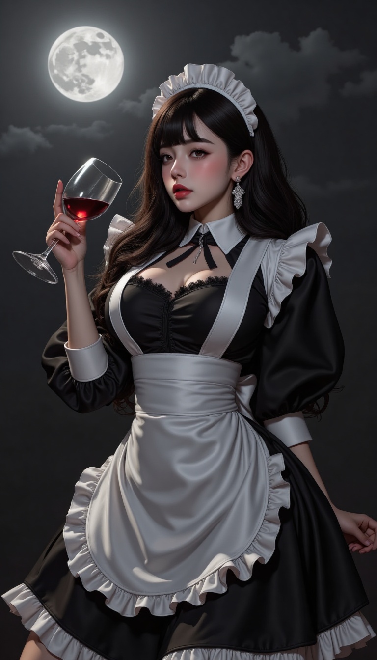 A woman in a stunning black and white maid outfit stands under the soft glow of a typsy moonlight. She holds a glass of wi...