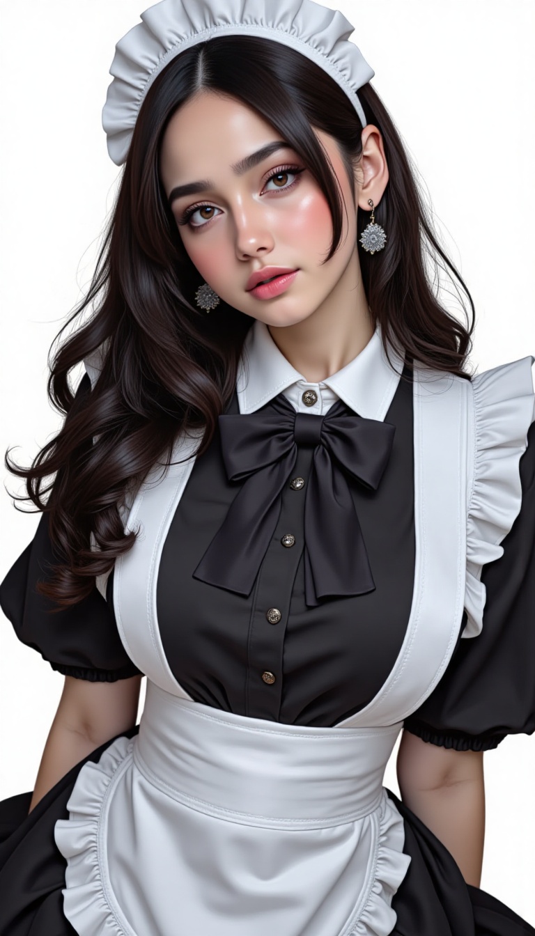 a woman dressed in a maid outfit is stunning. She is wearing a black and white maid outfit,  adorned with a black bow tie,...