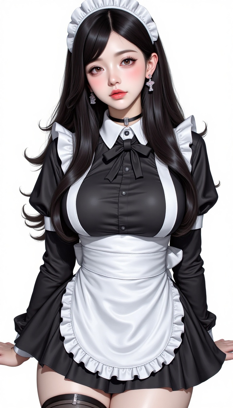 a woman dressed in a maid outfit is stunning. She is wearing a black and white maid outfit,  adorned with a black bow tie,...