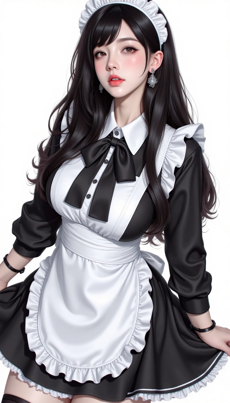 a woman dressed in a maid outfit is stunning. She is wearing a black and white maid outfit,  adorned with a black bow tie,...