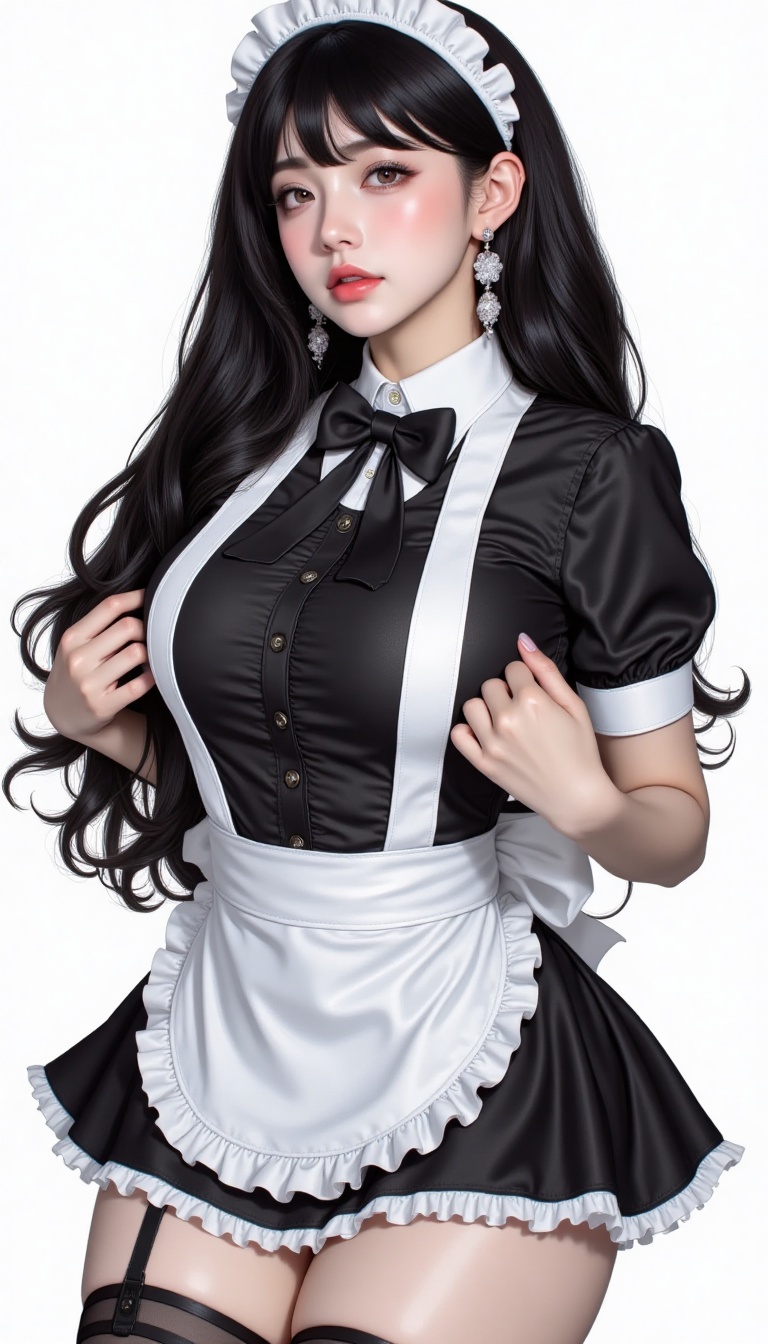 a woman dressed in a maid outfit is stunning. She is wearing a black and white maid outfit,  adorned with a black bow tie,...