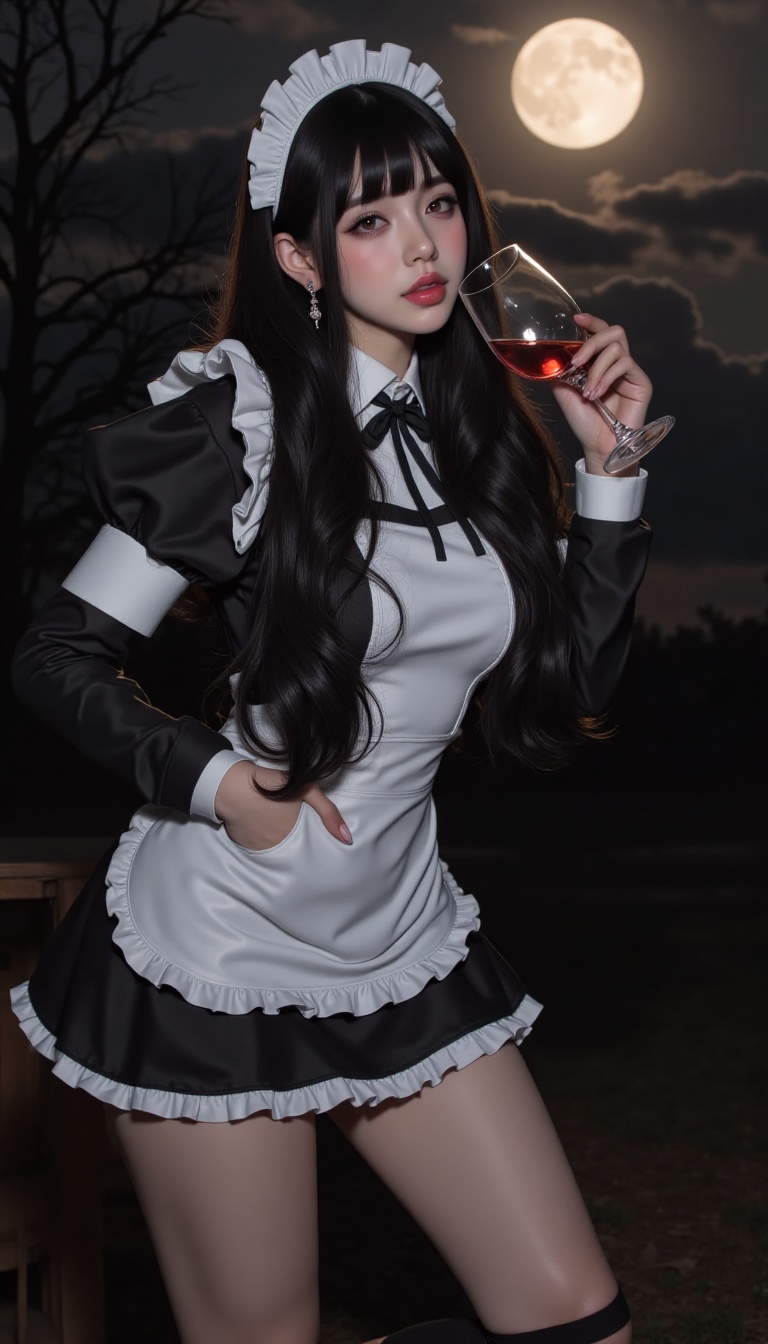 A woman in a stunning black and white maid outfit stands under the soft glow of a typsy moonlight. She holds a glass of wi...
